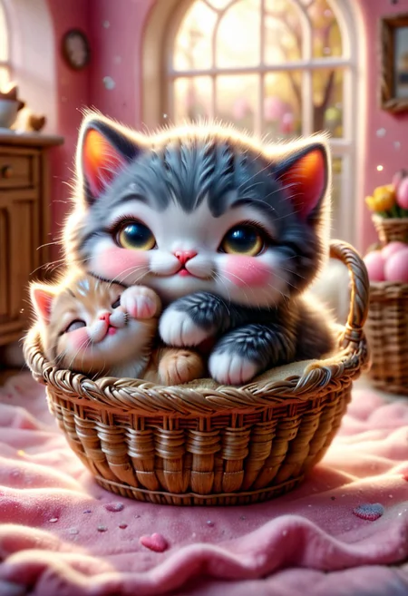 score_9, score_8_up, score_7_up, score_6_up, best quality, realistic, photorealistic, skin pores, skin imperfections,
((((A playful kitten gently nudging a sleeping kitten with its paw, a playful expression on its face.))) cuteness, friendship, high-quality imagery, intricate details, vibrant color palette, emotion-driven composition, ((background: a cozy basket)),
Photorealistic, Hyperrealistic, Hyperdetailed, analog style, soft lighting, subsurface scattering, realistic, heavy shadow, masterpiece, best quality, ultra realistic, 8k, golden ratio, Intricate, High Detail, film photography, soft focus, mad-shingles, detailed eyes, perfect eyes,, freckles, perfect skin texture, photorealistic eyes, pinkchibivalentine