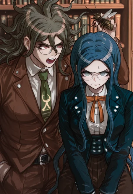 masterpiece, <lora:lerapi_ill:1>, <lora:MoriiMee_Gothic_Niji_Style_Illustrious_r1:1>, lerapi, artist:moriimee ,  (Kawaii_anime), masterpiece , annoyed expression , <lora:Tsumugi_Shirogane_Illustrious:1>, side-by-side, danganronpa_(series), danganronpa_v3:_killing_harmony, gokuhara_gonta, shirogane_tsumugi, 1boy, 1girl, blazer, blue_hair, blue_jacket, brown_jacket, brown_pants, brown_suit, bug, buttons, collared_jacket, collared_shirt, dress_pants, glasses, brown_hair, green_necktie, grey_shirt, jacket, lapel_pin, lapels, layered_sleeves, long_hair, long_sleeves, messy_hair, necktie, notched_lapels, pants, pin,pocket, round_eyewear, shirt, suit, very_long_hair , In the Ultimate Academy's library, Tsumugi Shirogane is showing Gonta Gokuhara a collection of classical art books featuring bug-like monsters and creatures. Gonta looks distressed and is passionately defending real insects' honor while Tsumugi tries not to giggle at his reaction.