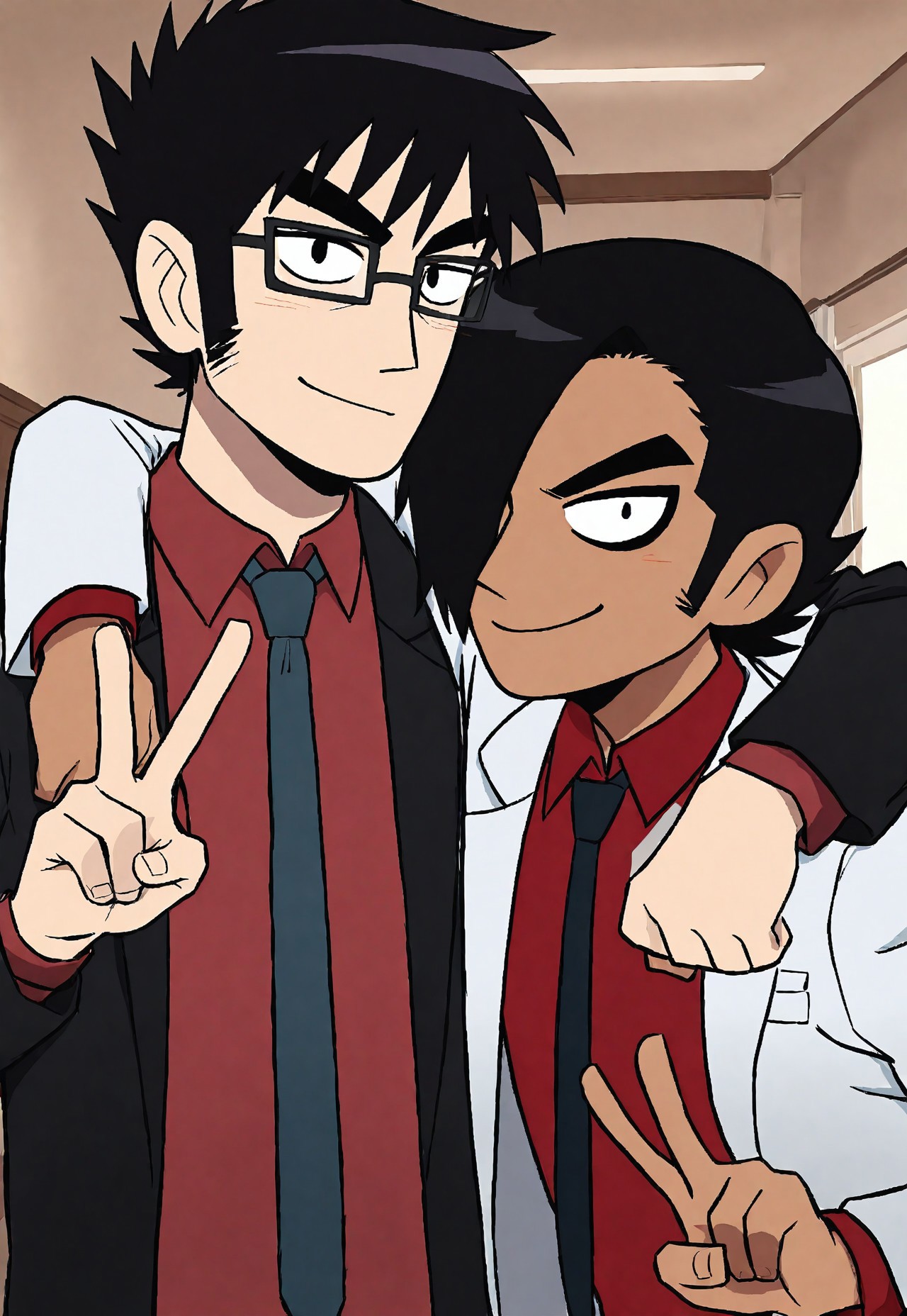 masterpiece, best quality, amazing quality, very aesthetic, absurdres, newest, detailed background, githew, 2boys, gideon, black hair, white jacket, red shirt, necktie, glasses

BREAK

matthew, no glasses, eyeliner, black hair, sideburns, hair over one eye, black jacket, red shirt, necktie, arm around neck, V, smile, upper body, bedroom