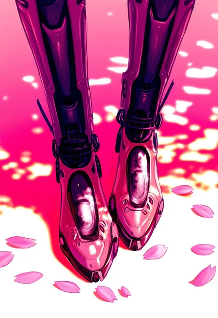 froyoyogurt, 1girl, very awa, closeup on legs, boots, mechanical legs,
dappled light, sakura petals,