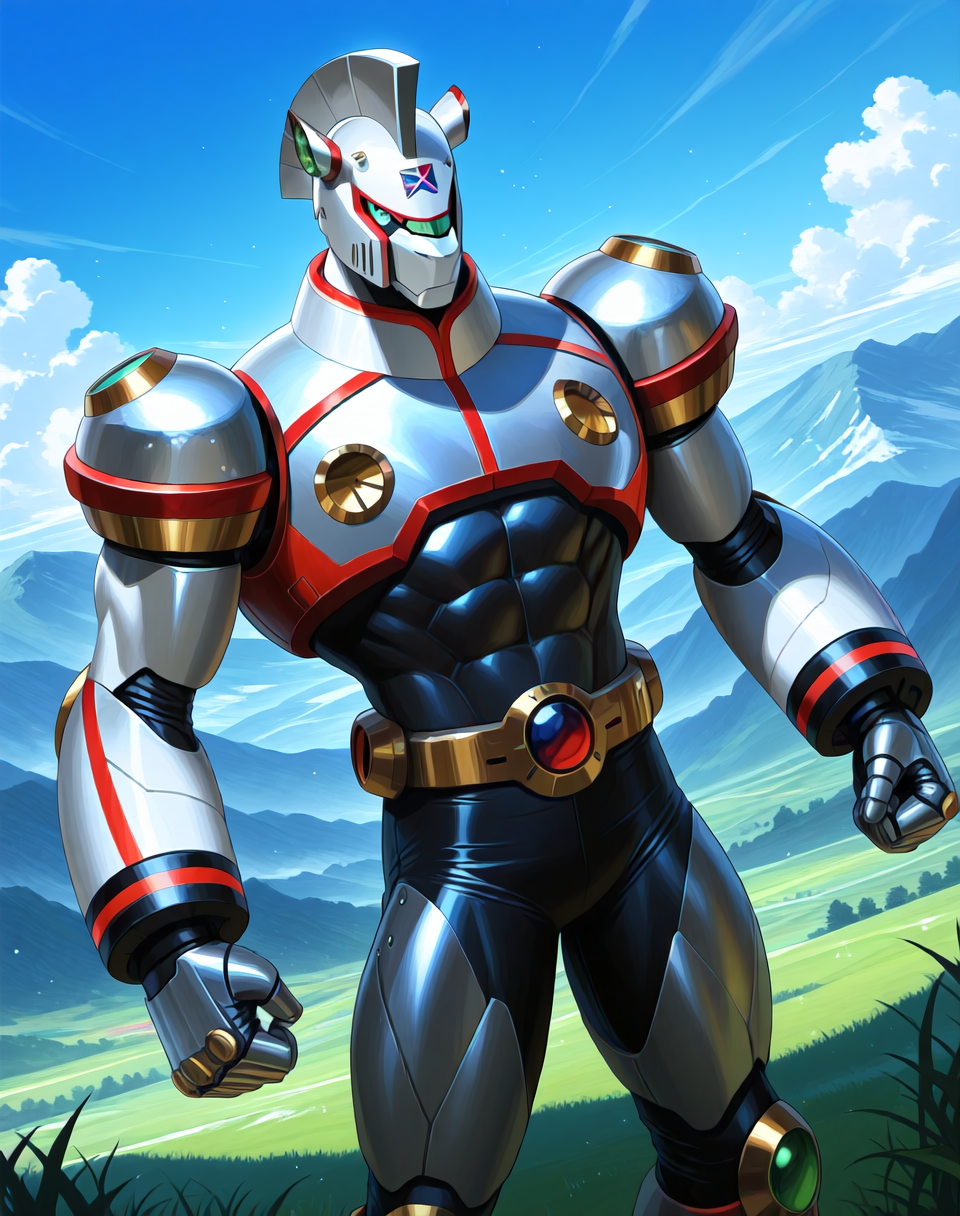 <lora:Spiral_Pegasus_(Mega_Man_X)_(Illustrious)_(AD):1.35> Spiral Pegasus, reploid, MMX, 
((
exterior, blue sky with clouds, mountain valley, grassy valley,
dutch angle, dynamic action, cowboy shot, 
male focus, intense shadows, dynamic shadows, intricate details, attention to details, gradient coloring, robot, bright vivid colors, deep metallic colors, glossy metal body, hyper muscular, abs, 
):1.5), 
BREAK very awa, masterpiece, best quality, amazing quality, very aesthetic, highres, absurdres,
EZRealPONYXL, zPDXL, Smooth Quality, lazynsfw,