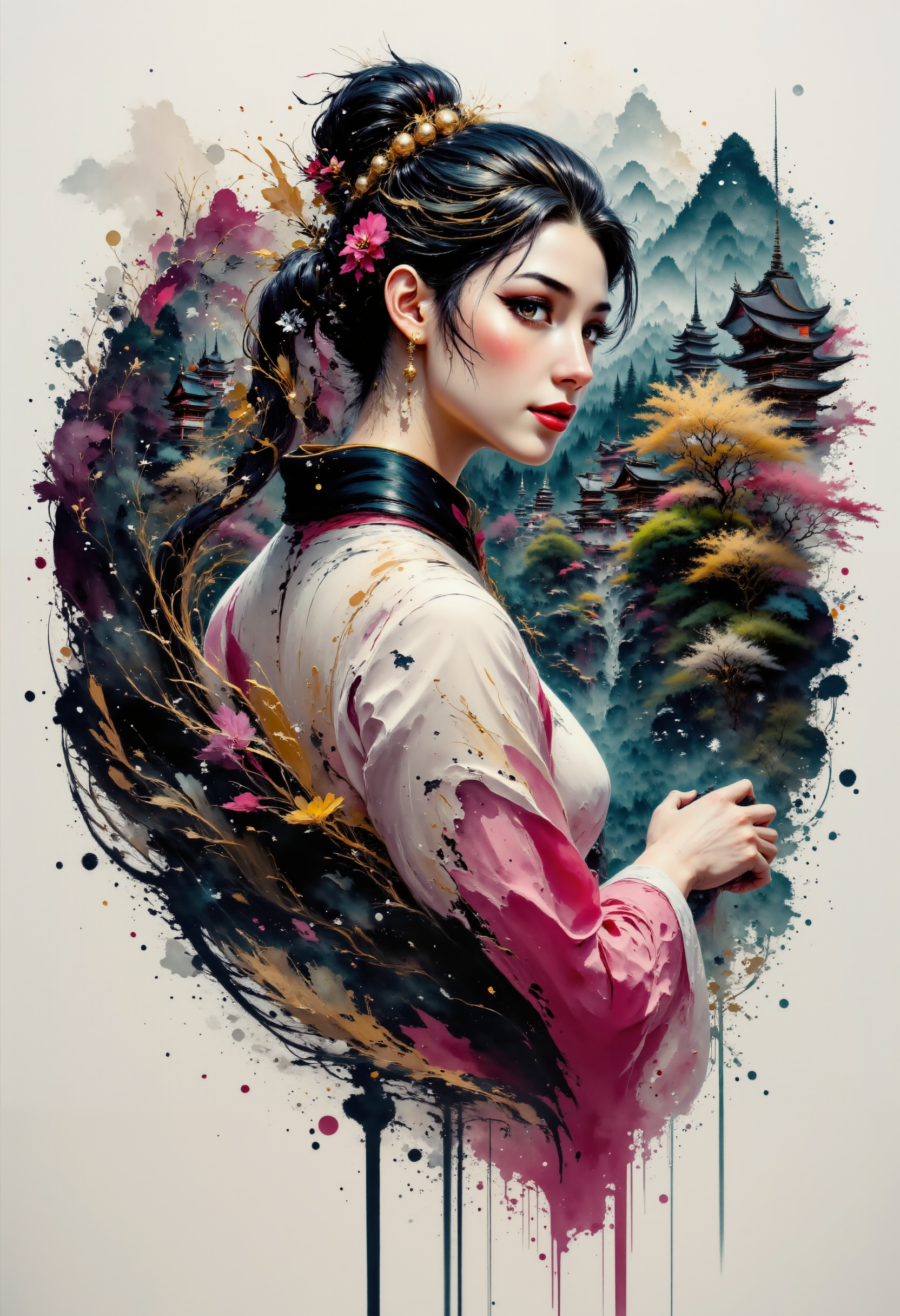 aidmainkstyle, abstract oil painting, gradient vibrant pastel colors, rough, textural, broad brush strokes.
Close-up portrait, side view, of a young japanese woman with long flowing black hair and a high ponytail with hair ornaments
The scene is set in formal japanese temple garden.
