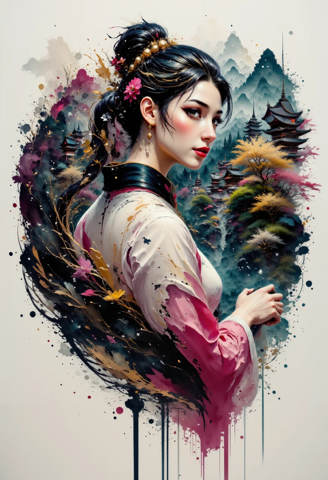 aidmainkstyle, abstract oil painting, gradient vibrant pastel colors, rough, textural, broad brush strokes.
Close-up portrait, side view, of a young japanese woman with long flowing black hair and a high ponytail with hair ornaments
The scene is set in formal japanese temple garden.