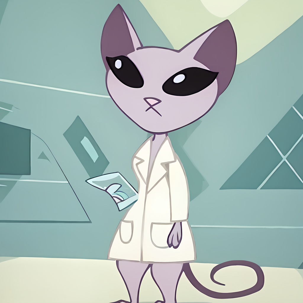 score_9, score_8_up, score_7_up, score_6_up, score_5_up, score_4_up, BREAK<lora:drkatserie:1.2> drkat, furry female, cat, furry, pink skin, black eyes, tail, laboratory,  lab coat,