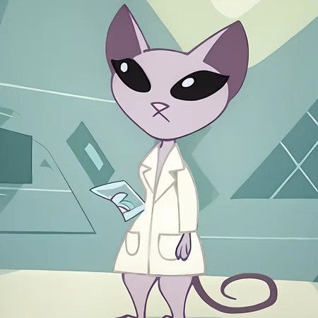 score_9, score_8_up, score_7_up, score_6_up, score_5_up, score_4_up, BREAK<lora:drkatserie:1.2> drkat, furry female, cat, furry, pink skin, black eyes, tail, laboratory, lab coat,