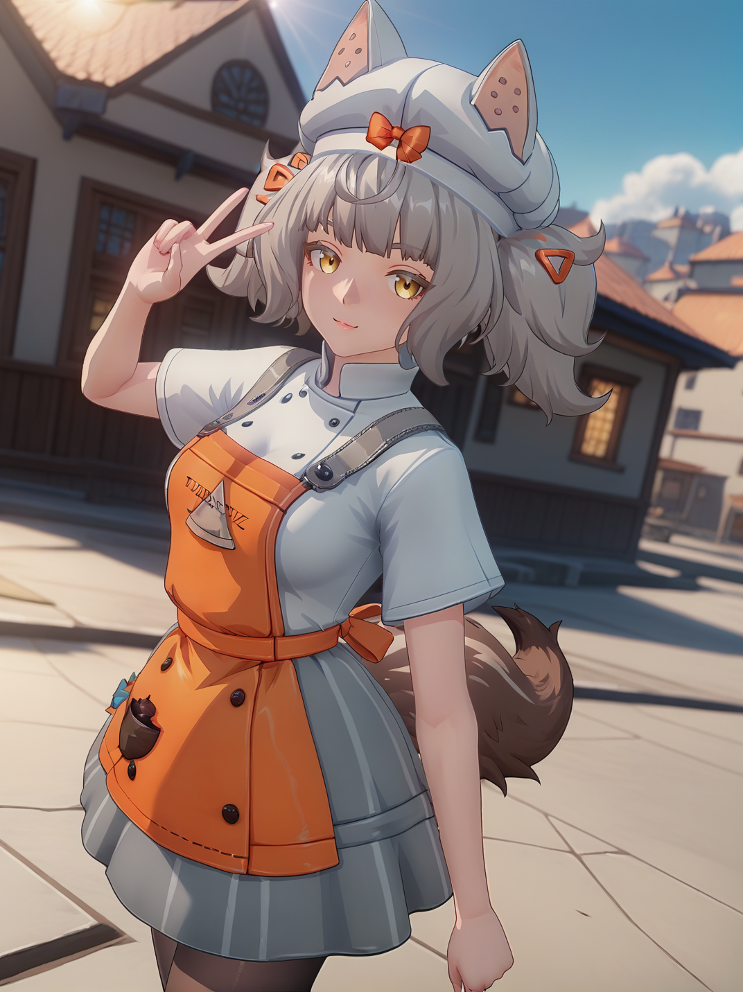 score_9, score_8_up, score_7_up,, official style, screencap,
1girl, dynamic pose, dynamic angle, looking at viewer, from side, (v:1.1), light smile, cowboy shot, dutch angle, medium breasts, warm light, blue sky, town, from above, portrait,
 <lora:AMargherita_character:0.8>, MargheritaXL,, grey hair,  yellow eyes, twintails, hair ornament, hat, single glove, white shirt, orange apron, pantyhose, grey skirt, animal ears, tail,