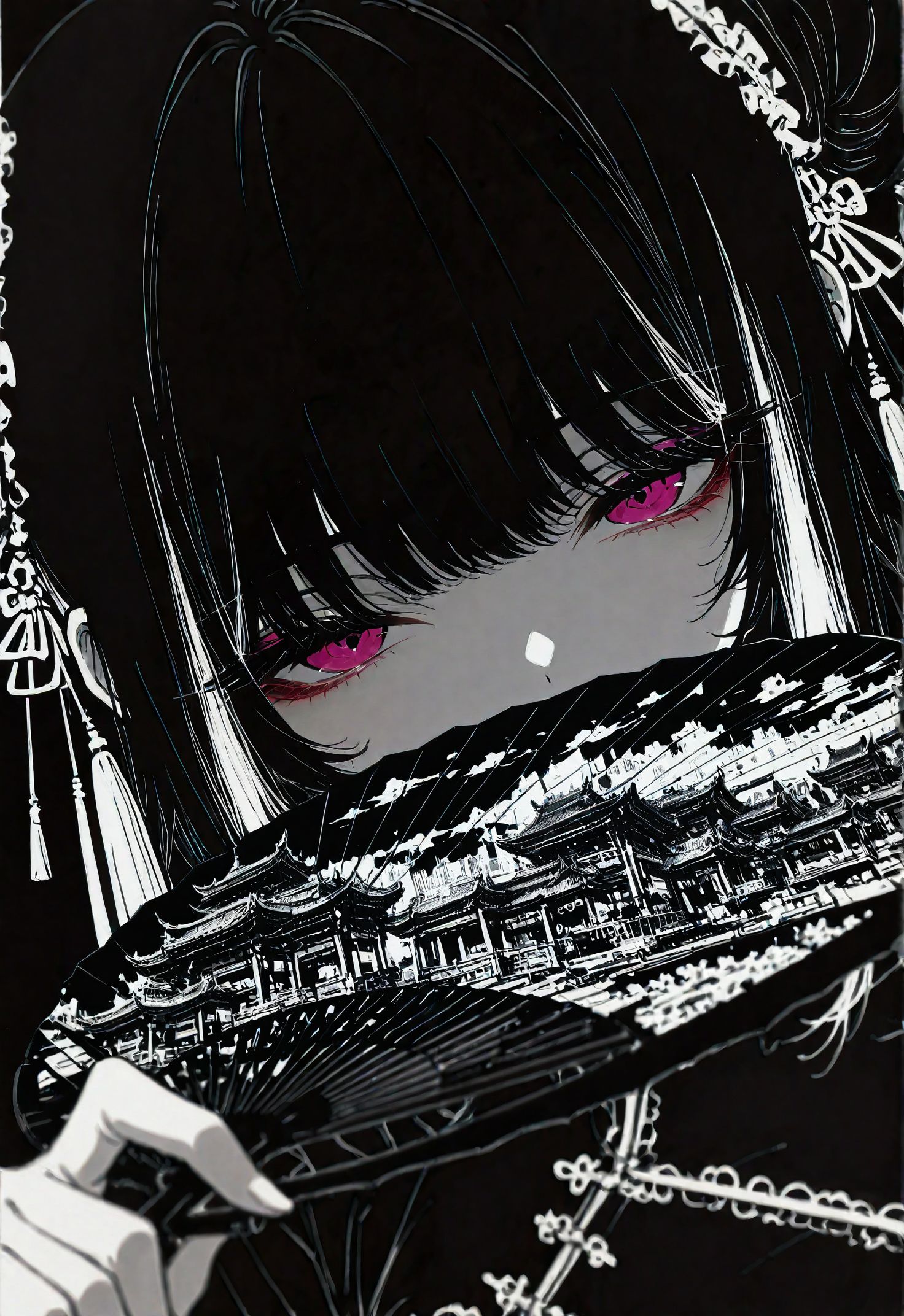 1girl, anime girl face scetch, scetch, lineart, minimalism, blending, spot color,
Jia Xichun, pink eyes, JiaXichunLimbus, long hair, twintails, multicolored hair, black hair, white hair, portrait, china dress, lonely, expressionless, face focus, fan, holding fan,
masterpiece, best quality,high quality, newest, HDR, 4ur4_illu,  dynamic pose,dynamic action, night asian megapolis background, eastern asian architecture, city skyline background,
dynamic pose, dynamic composition,dutch angle,depth of field, black and white theme, foreshortening,blurry edges,
8K, highres, absurdres,  <lora:illustriousXLv11_stabilizer_v1.113:0.3> <lora:ponyv6_noobV1_2_adamW:0.4> <lora:Aura_illu:0.9> <lora:Jia_Xichun_Illustrious:0.7>