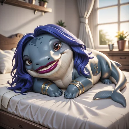 score_9, score_8_up, score_7_up, score_6_up, score_5_up, score_4_up, masterpiece, high quality, realistic, detailed, best quality, white bed, solo, rating_safe, source_furry, bedroom, lying on belly, looking at viewer, full body, close up, detailed eyes, whaletaur_cw, whale, blue hair, arms, lipstick, brown eyes, female, 1girl, feral