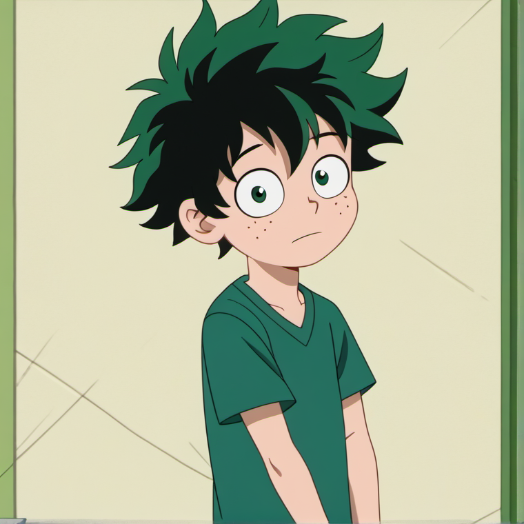 1boy, solo, povenmirestyle2, green hair, green eyes, short hair, toon \(style\), <lora:povenmirestyle2:1>, <lora:izuku_midoriya_pony:0.3>, izuku_midoriya,