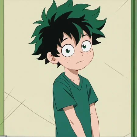 1boy, solo, povenmirestyle2, green hair, green eyes, short hair, toon \(style\), <lora:povenmirestyle2:1>, <lora:izuku_midoriya_pony:0.3>, izuku_midoriya,