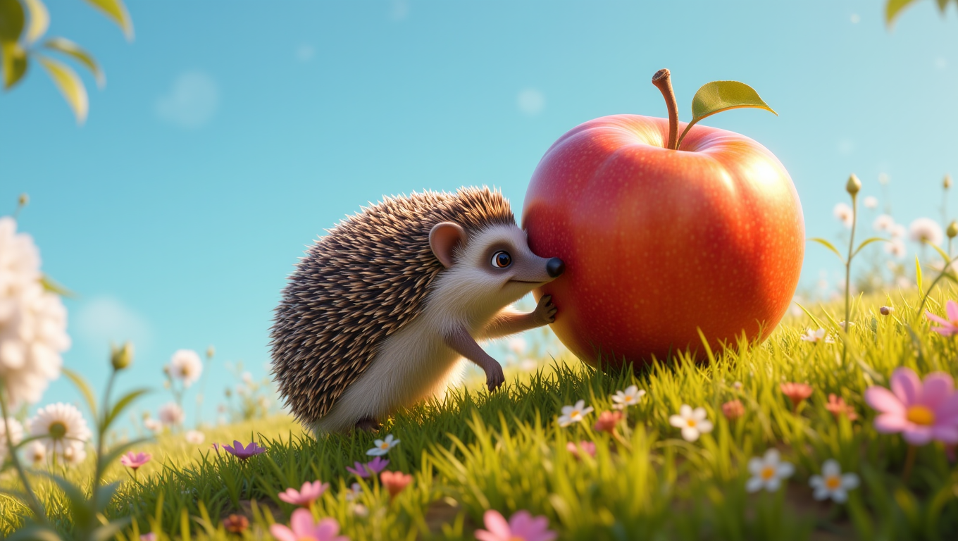 A cute hedgehog is carefully pushing a large apple up a hill, its little legs straining with the effort. The apple is almost twice the size of the hedgehog, but itâs determined to get it back to its home. The hill is covered in soft grass and wildflowers, and the sky above is clear and blue. The scene is full of determination and the quiet beauty of nature  <lora:Cute_3d_Cartoon_Flux:0.6>