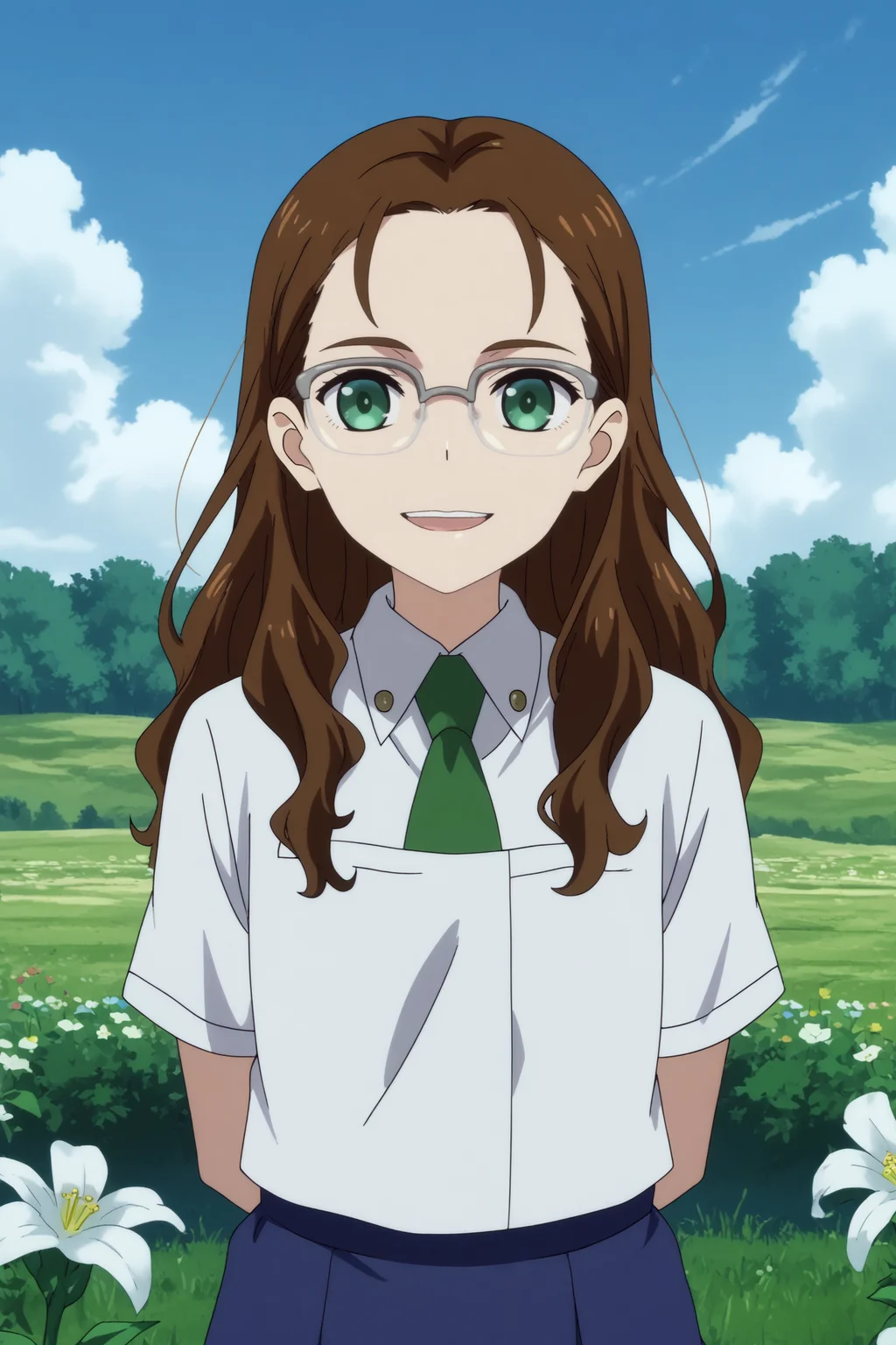 nagase koito,1girl,solo,glasses,school uniform,necktie,long hair,over-rim eyewear,shirt,smile,green necktie, short sleeves,hands behind the back,upper teeth only,looking at viewer,cowboy_shot BREAK outdoors,blue sky,field,cloud,white flower <lora:Nagase_Koito_-_Wonder_Egg_Priority.safetensors:0.8> <lora:detailed_backgrounds_v2.safetensors:0.5>