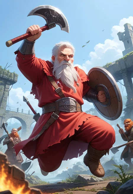 score_9, score_8_up, score_7_up,
old male, Dwarf, mature, realistic, axe and shield, short stature, white hair, beard, moustache, big nose, angry, holding axe, berserk,
source_anime, in the fog, ruins, surrounded by fire , medieval, fantasy,
from below, Expressiveh, solo focus,(solo:1.3), jumping, raised arm, blurry background