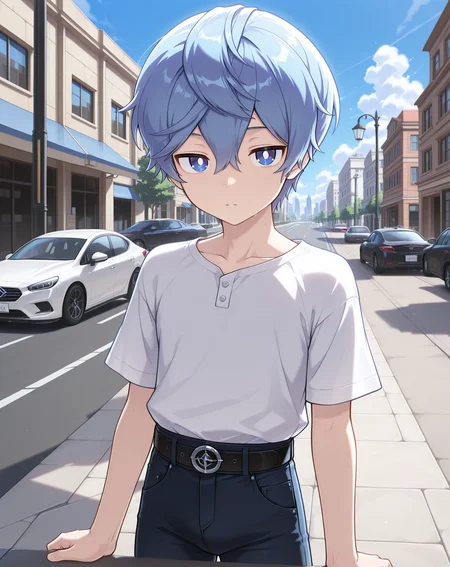 masterpiece,best quality,amazing quality, newest, very aesthetic, absurdres,
1boy, solo, yaoi, male focus, looking at viewer, cowboy shot, standing,
<lora:Noah_Liberator_ilxl:1> noahlb, blue eyes, blue hair, hair between eyes, short hair, white pupils,
white shirt, jeans, sneakers,
outdoors, day, blue sky, building, street, road, lamppost, car,