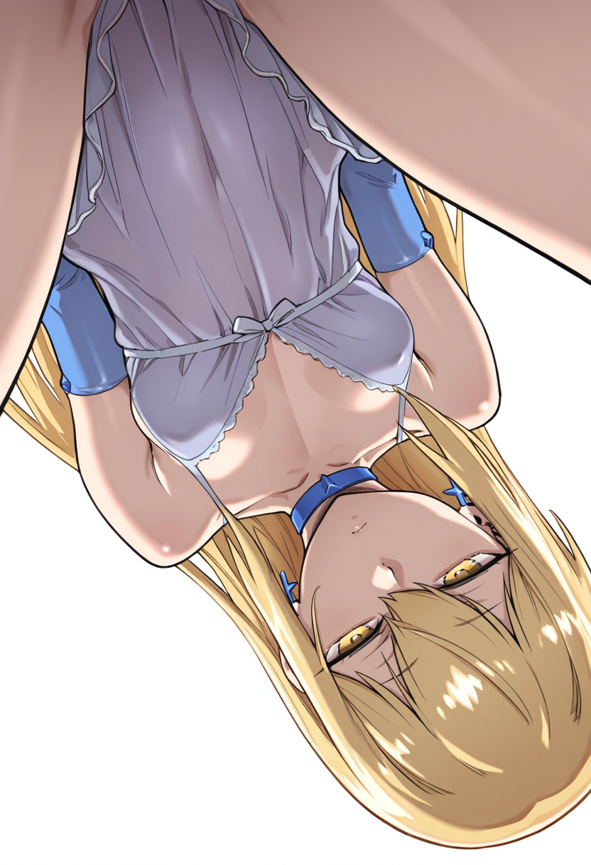masterpiece, best quality,
Upside-downDutch angle, looking at viewer, half-closed eyes, 
aiz wallenstein, blonde hair, yellow eyes, , small breasts,
negligee, elbow gloves, choker, earrings, ,
simple background, white background,
 <lora:Zunta:0.8> Z0nt4,