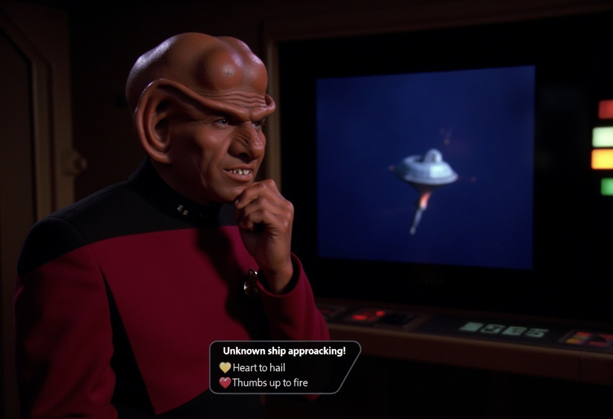 On the brightly lit bridge of a Star Trek starship. A ferengi captain looks thoughtful near a large viewscreen, where a spaceship is seen approaching.
At the bottom of the image is a dialog box that says "Unknown ship approaching!" with two choices: "Heart to hail" and "Thumbs up to fire"