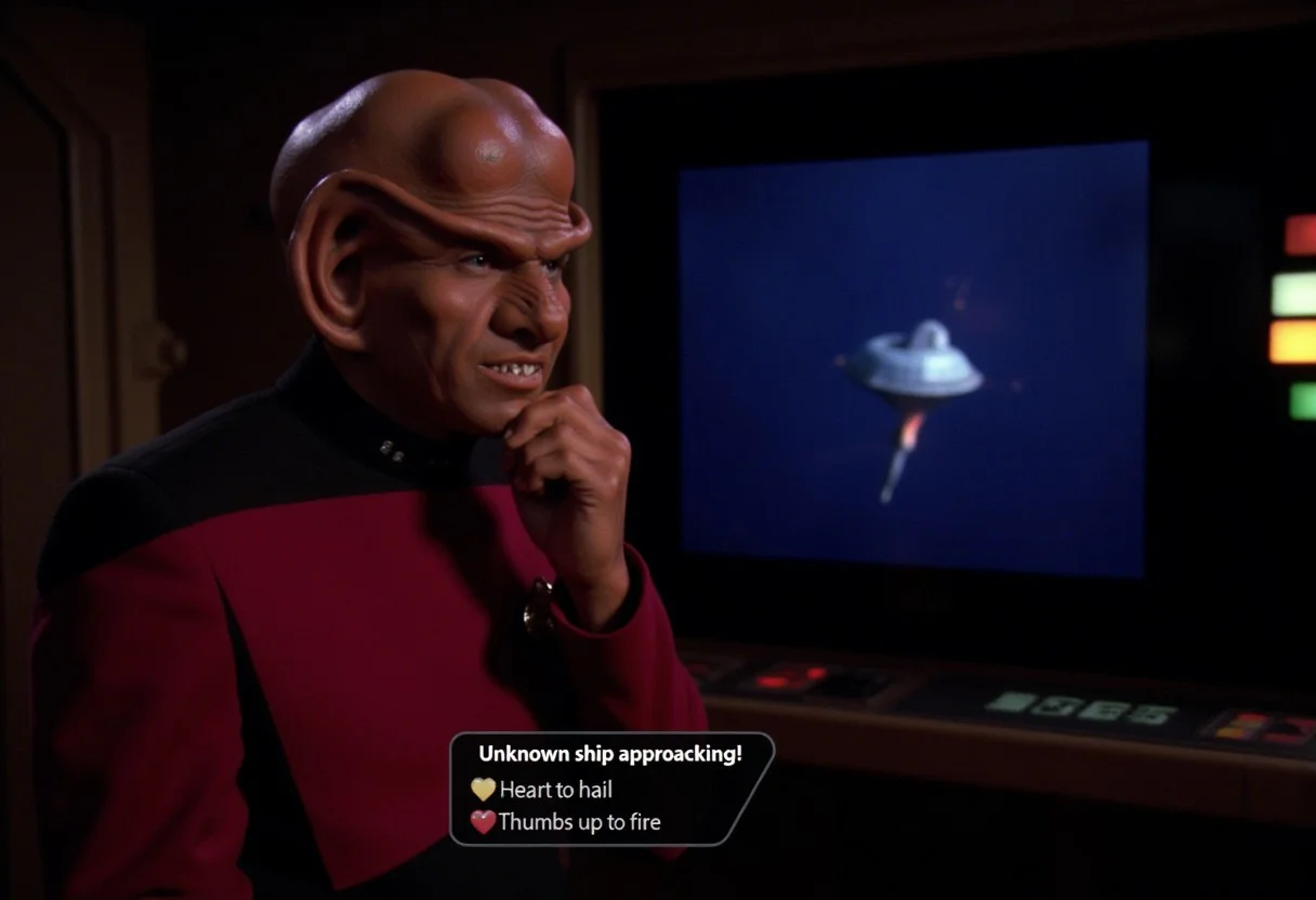 On the brightly lit bridge of a Star Trek starship. A ferengi captain looks thoughtful near a large viewscreen, where a spaceship is seen approaching.
At the bottom of the image is a dialog box that says "Unknown ship approaching!" with two choices: "Heart to hail" and "Thumbs up to fire"