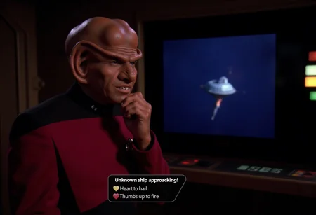 On the brightly lit bridge of a Star Trek starship. A ferengi captain looks thoughtful near a large viewscreen, where a spaceship is seen approaching.
At the bottom of the image is a dialog box that says "Unknown ship approaching!" with two choices: "Heart to hail" and "Thumbs up to fire"