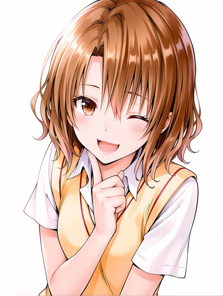 masterpiece,best quality,newest,
1girl,solo,
<lora:m_risa_ilxl_v1.1:1>,momioka,brown hair,brown eyes,m_clothes,short sleeve blouse,sweater vest,
<lora:Fixhands_anime_bdsqlsz_V1:1>,looking_at_viewer,upper_body,face_focus,dynamic_angle,cinematic_angle,finger to own chin,laughing,light_blush,one eye closed,white_background,simple_background,profile,