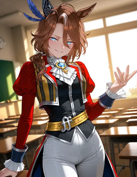 masterpiece, best quality, amazing quality, very aesthetic, high resolution, ultra-detailed, absurdres, newest, scenery,
1girl, solo, umamusume, sounds of earth \(umamusume\),
white pants, black vest, juliet sleeves, white ascot, belt, red striped jacket, coat, black footwear,
indoors, classroom,
cowboy shot, smug, looking at viewer, <lora:soundsofearthillv1:0.9>,, glowing, colorful, photorealistic, shiny_skin,dutch angle, <lora:arcain-2411:0.4>,, HDR,photo background,detailed eyes,detailed hands,detailed clothing,detailed shading,dim lighting,chiaroscuro,BREAK depth of field,masterpiece,best quality,amazing quality,very aesthetic,high resolution,ultra-detailed,absurdres,newest,scenery,volumetric lighting,