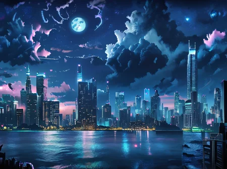 <lora:Aesthetics_Enhancer_pony:1>,score_9, score_8_up, score_7_up,BREAK
EnhanceImage,blue tone, scenery, sky, night, no humans, moon, cloud, night sky, cityscape, city, star (sky), outdoors, skyscraper, building, full moon, city lights, starry sky, water, skyline