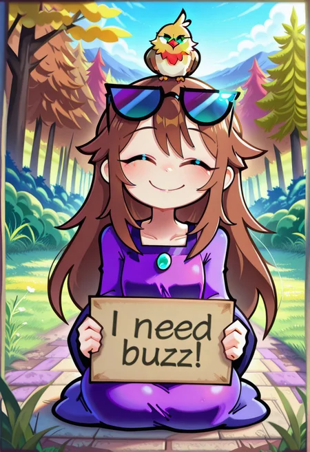 Funset, brown hair, sidelocks, half updo, long hair, purple dress, masterpiece, best quality, absurdres, cute, kawaii,
outdoors, nature,
dog, green eyes,bird on head, bird on shoulder, happy smile, closed eyes, very happy,
intricate, highly detailed, majestic, sad, frown, sunglasses, looking at viewer, solo, sitting on ground, feral, need_buzz, holding sign,