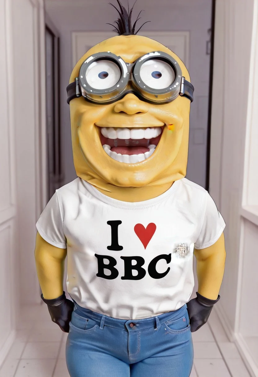 masterpiece, best quality, amazing quality,
1 male, solo, blue jeans, black gloves, yellow skin, Minions, goggles, shortstack, laughing, looking at viewer, bbcshirt,(bbc text on shirt:1.1), 2D