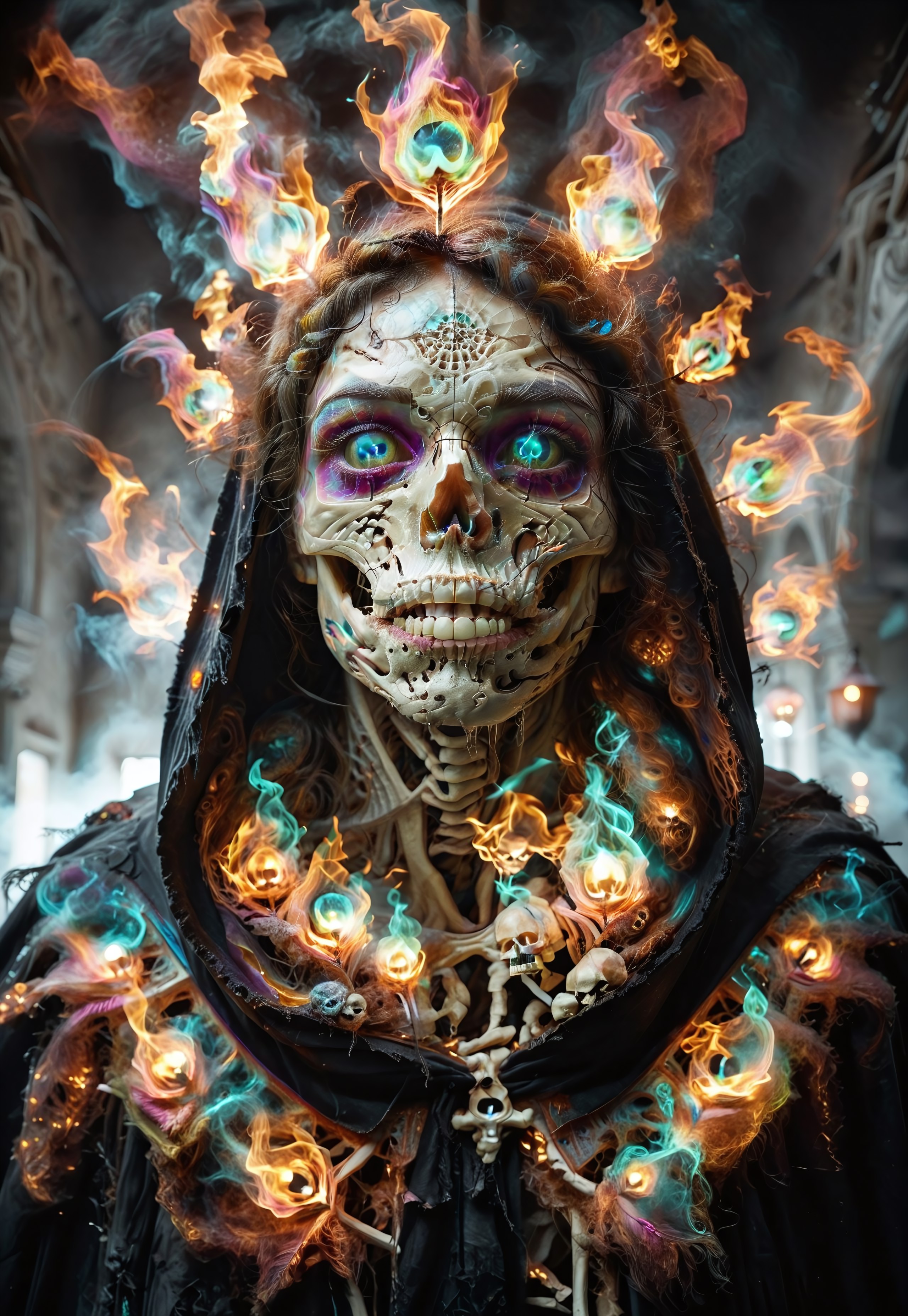 score_9, score_8_up, score_7_up, face focus, extreme perspective, closeup, creepy and mysterious (Peacock angel of death), cloak and hood made of peacock, vibrant colors, skeletal features, bony pictures giving a thumbs up, dark crypt-like background, inside, highly detailed, rich colors, inner glow, dynamic composition, breathing multicolored fire of luminous purple and blue