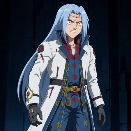 clenched teeth, bangs, circlet, 1boy, very long hair, black gloves, high collar, open coat, pants, blue light,1boy, solo, blue light, dark room