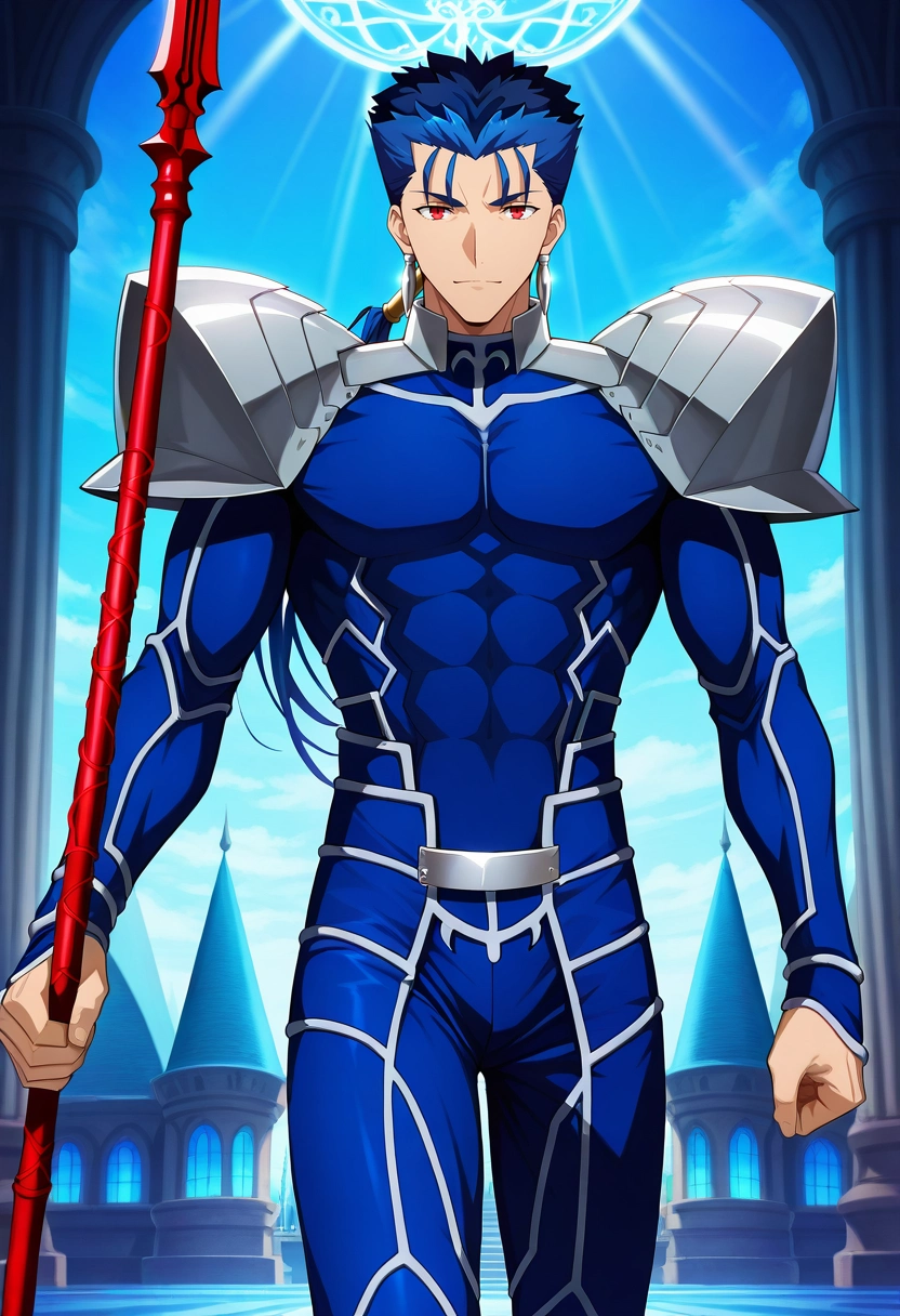 masterpiece, best quality, intricate details, anime screencap, , , looking at viewer, 1boy, solo, male focus, <lora:lancer_fsn_ilxl:0.96>, lancer_fsn, cu chulainn \(fate\), fate/stay night, blue hair, red eyes, long hair, ponytail, spiked hair, earrings, jewelry, armor, shoulder armor, pauldrons, weapon, polearm, spear, holding, holding weapon, holding polearm, crystal palace, gem towers, light courts, rainbow halls, royal pose, dignified expression, prismatic light, sweatpant,