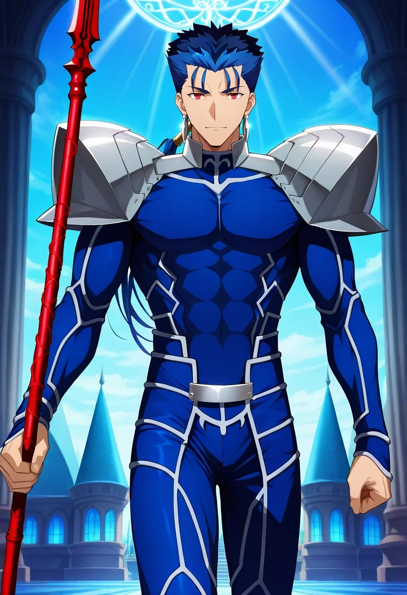 masterpiece, best quality, intricate details, anime screencap, , , looking at viewer, 1boy, solo, male focus, <lora:lancer_fsn_ilxl:0.96>, lancer_fsn, cu chulainn \(fate\), fate/stay night, blue hair, red eyes, long hair, ponytail, spiked hair, earrings, jewelry, armor, shoulder armor, pauldrons, weapon, polearm, spear, holding, holding weapon, holding polearm, crystal palace, gem towers, light courts, rainbow halls, royal pose, dignified expression, prismatic light, sweatpant,