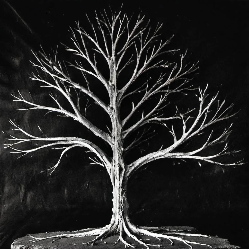 ASCIIDry tree, on a dark background, photography K4RL style