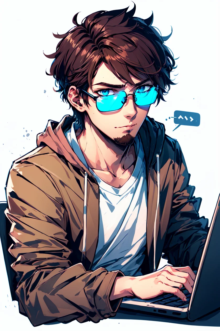 <lora:Homework_Desk:0.7> Homework Desk, masterpiece, best illustration, male focus, 1boy, solo, laptop, computer, jacket, facial hair, sunglasses, brown hair, shirt, hood, white shirt, blue eyes, upper body, hood down, brown jacket, white background, short hair
