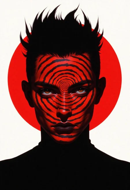 Nixport, a straight short portrait A surreal digital art illustration featuring a black silhouetted human figure with spiky hair against a solid white background. The figure's face is dramatically transformed into a hypnotic spiral pattern in bright red, creating an unsettling optical illusion. At the center of the red spiral, a single eye peers out, adding to the disturbing nature of the image. The composition is centered and symmetrical, with the bold red spiral effect dominating the portrait against the pristine white backdrop. Digital art with sharp contrast and geometric precision.