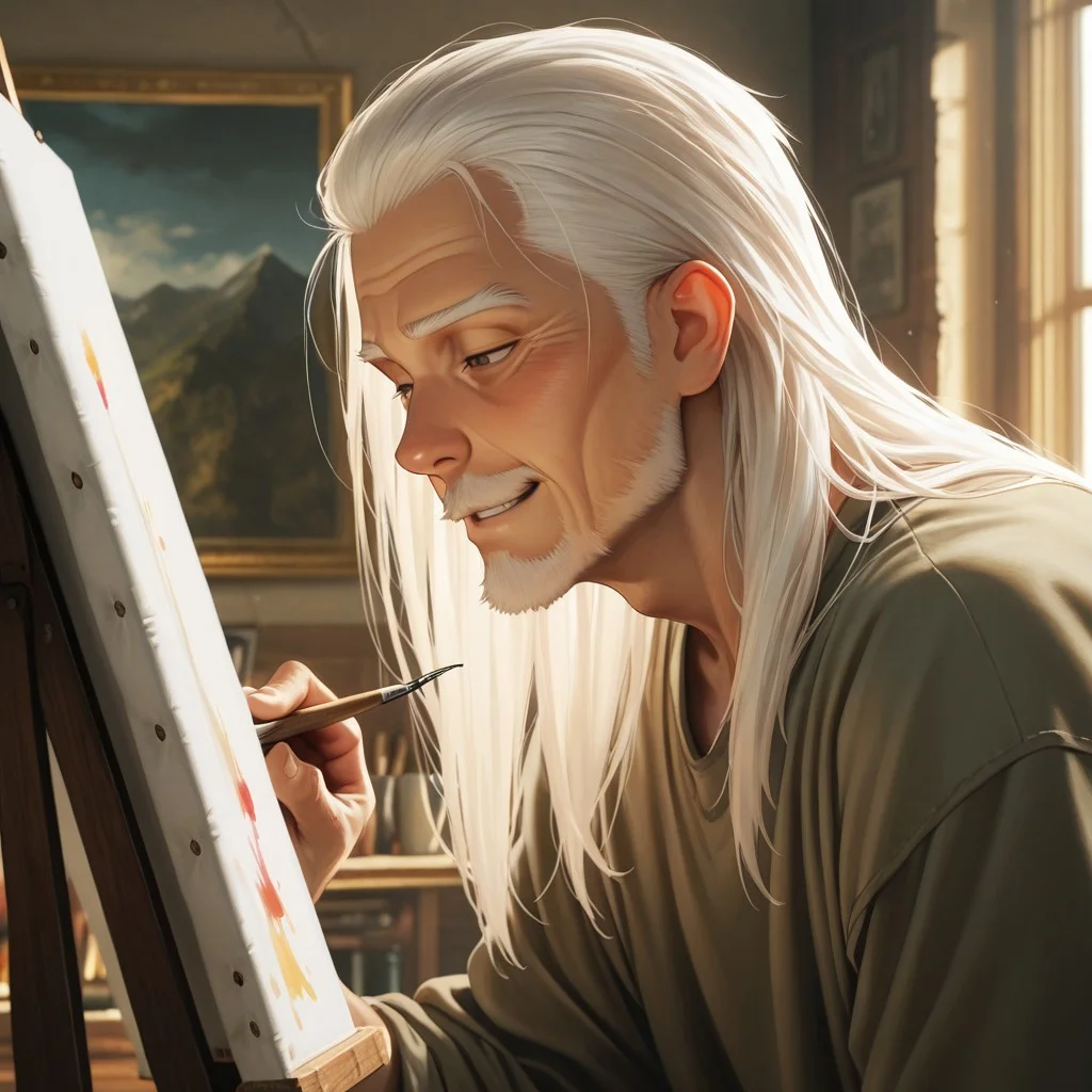 masterpiece, best quality, amazing quality, absurdres, newest, detailed background, definition so sharp, Ultra-HD, 8K cinematic, very awa, impressionate, amazing quality, highres,
solo, male focus, manly,
daikakukokujouji, lieutenant_white hair, lieutenant_brown eyes, 1boy, solo, old man, long hair, painting, focused expression, slight smirk,loose-fitting clothes, art studio, natural light, paintbrushes, canvas, satisfied, creative, absorbed, expressive, calm, joyful, cool hobby