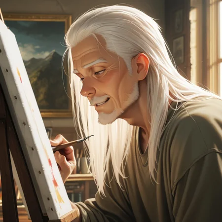 masterpiece, best quality, amazing quality, absurdres, newest, detailed background, definition so sharp, Ultra-HD, 8K cinematic, very awa, impressionate, amazing quality, highres,
solo, male focus, manly,
daikakukokujouji, lieutenant_white hair, lieutenant_brown eyes, 1boy, solo, old man, long hair, painting, focused expression, slight smirk,loose-fitting clothes, art studio, natural light, paintbrushes, canvas, satisfied, creative, absorbed, expressive, calm, joyful, cool hobby