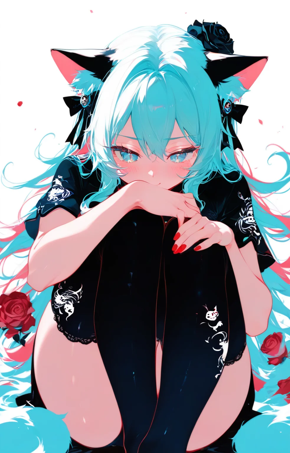 <lora:nyalia air_pony:0.5>, nyalia air
1girl, cat girl, long hair, (zzdesign:1.2), sitting, hugging own legs, black china dress, blush, (lineart print:1.8), (thighhighs:0.9), undersized clothes, <lora:socks_design_pony-000090:0.7>, solo focus, rose print, score_9, score_8_up, score_7_up, score_6_up,