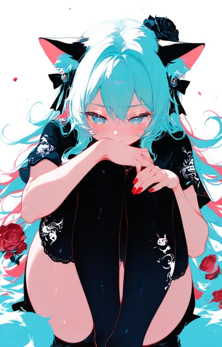 <lora:nyalia air_pony:0.5>, nyalia air
1girl, cat girl, long hair, (zzdesign:1.2), sitting, hugging own legs, black china dress, blush, (lineart print:1.8), (thighhighs:0.9), undersized clothes, <lora:socks_design_pony-000090:0.7>, solo focus, rose print, score_9, score_8_up, score_7_up, score_6_up,