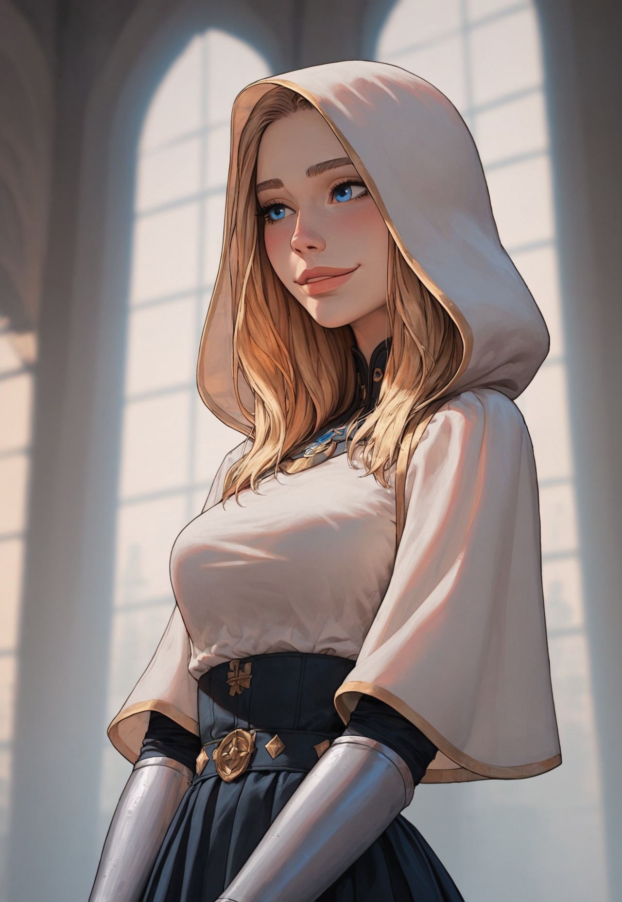 (score_9, score_8_up, score_7_up). (line work, excellent drawing, highest quality, extremely detailed:1.2). solo, 1girl, 24 year old woman, Battle Cleric, saint, vestal, hood, armor, religious, medium breasts, glossy lips, long lashes, blue eyes, blonde hair, innocent, cute face, pale skin, soft skin, shy smile, blushing, slut face, nympho, skirt, fantasy, dnd, g0thicPXL, romantic, source_cartoon, depth of field, medium distance, cowboy_shot, semirealistic, dynamic angle, side view, in profile, chapel background, pinup pose,