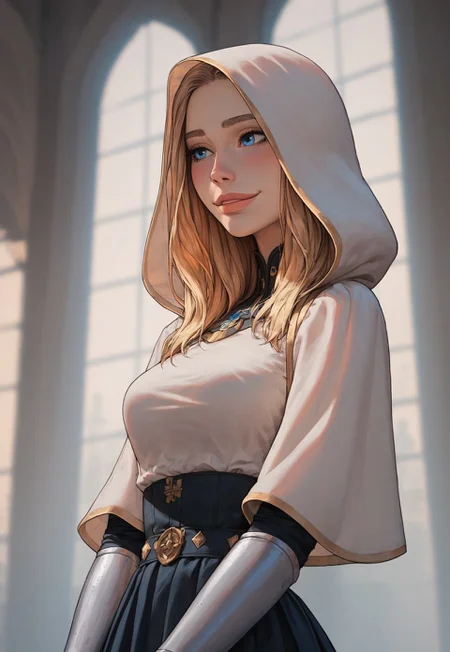 (score_9, score_8_up, score_7_up). (line work, excellent drawing, highest quality, extremely detailed:1.2). solo, 1girl, 24 year old woman, Battle Cleric, saint, vestal, hood, armor, religious, medium breasts, glossy lips, long lashes, blue eyes, blonde hair, innocent, cute face, pale skin, soft skin, shy smile, blushing, slut face, nympho, skirt, fantasy, dnd, g0thicPXL, romantic, source_cartoon, depth of field, medium distance, cowboy_shot, semirealistic, dynamic angle, side view, in profile, chapel background, pinup pose,