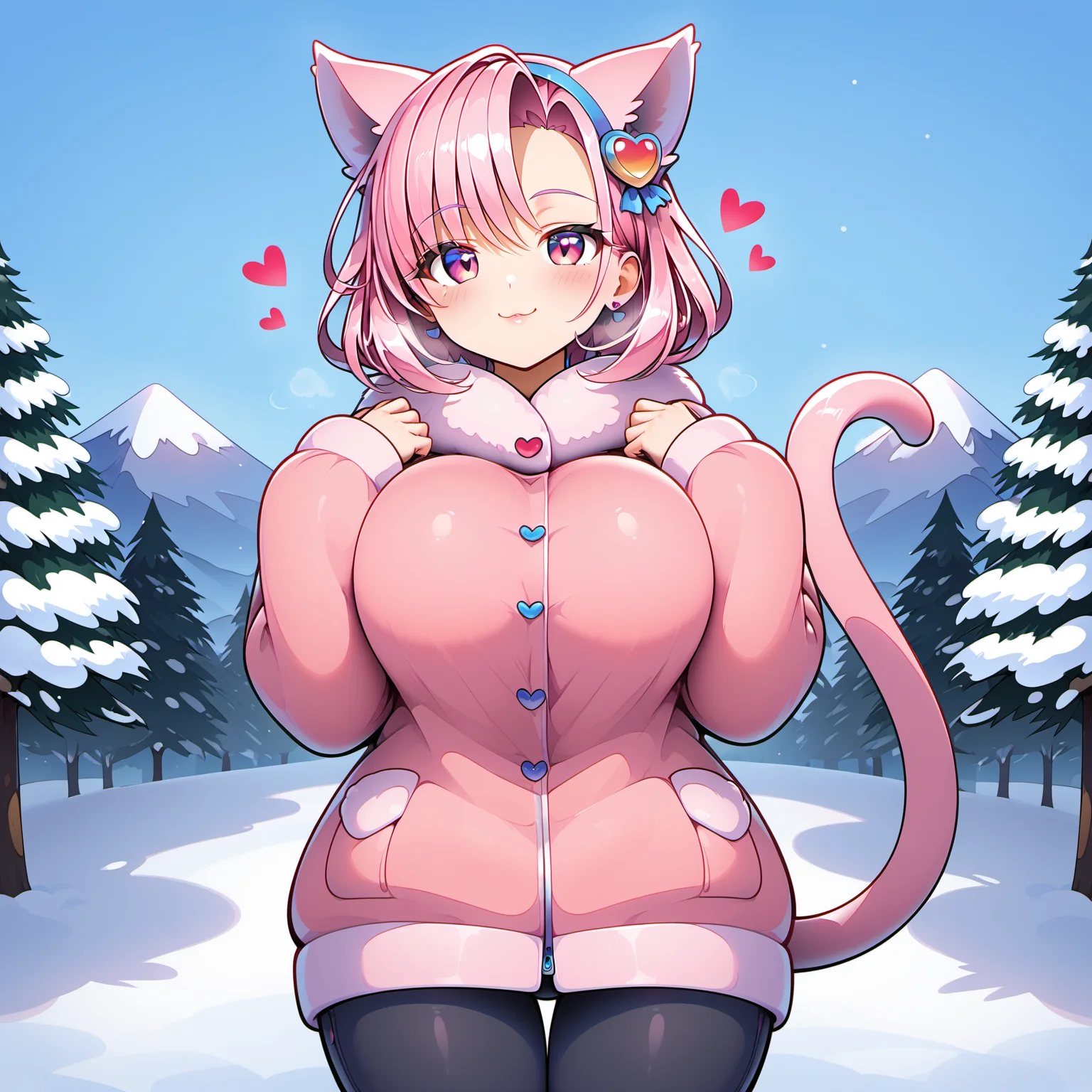 hart catgirl, winter coat, outdoors, snow, trees, mountains, standing, hart catgirl, pants <lora:hart_catgirl_05_resized:0.8>
