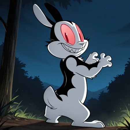 masterpiece, best quality, amazing quality, bunnicula, male, furry male, feral, solo, rabbit, black fur, white fur, two tone fur, red sclera, red eyes, fangs, grey nose, tail, paw pads, standing, paws up, evil grin, looking back, from behind, outdoors, night