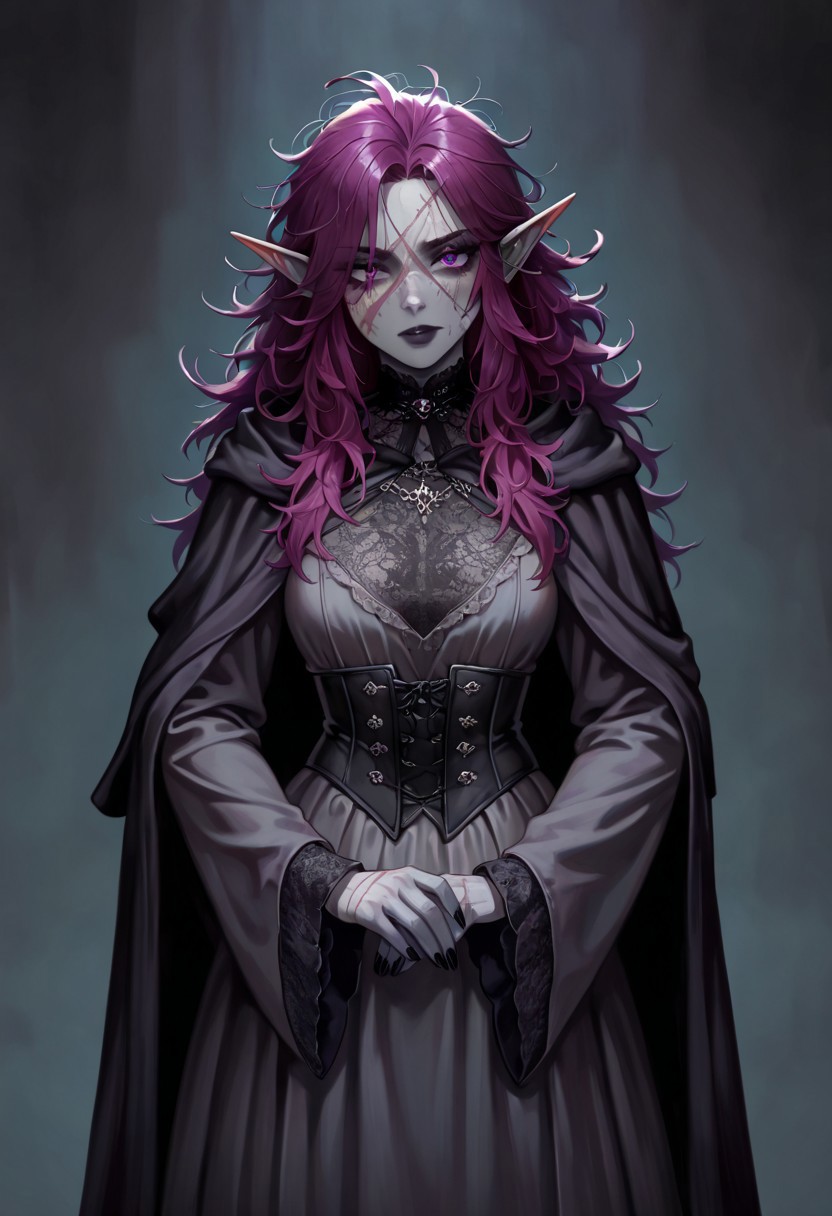 masterpiece, best quality, newest, absurdres, highres, 
D3-ART-V1.0, 
1girl, goth, gothic, goth fashion, victorian, elf, coreset, messy hair, scar, scars, scar on face, robe, medival, medival clothing, 
Purple hair, Purple eyes, grey skin, colored skin, grey colored skin,