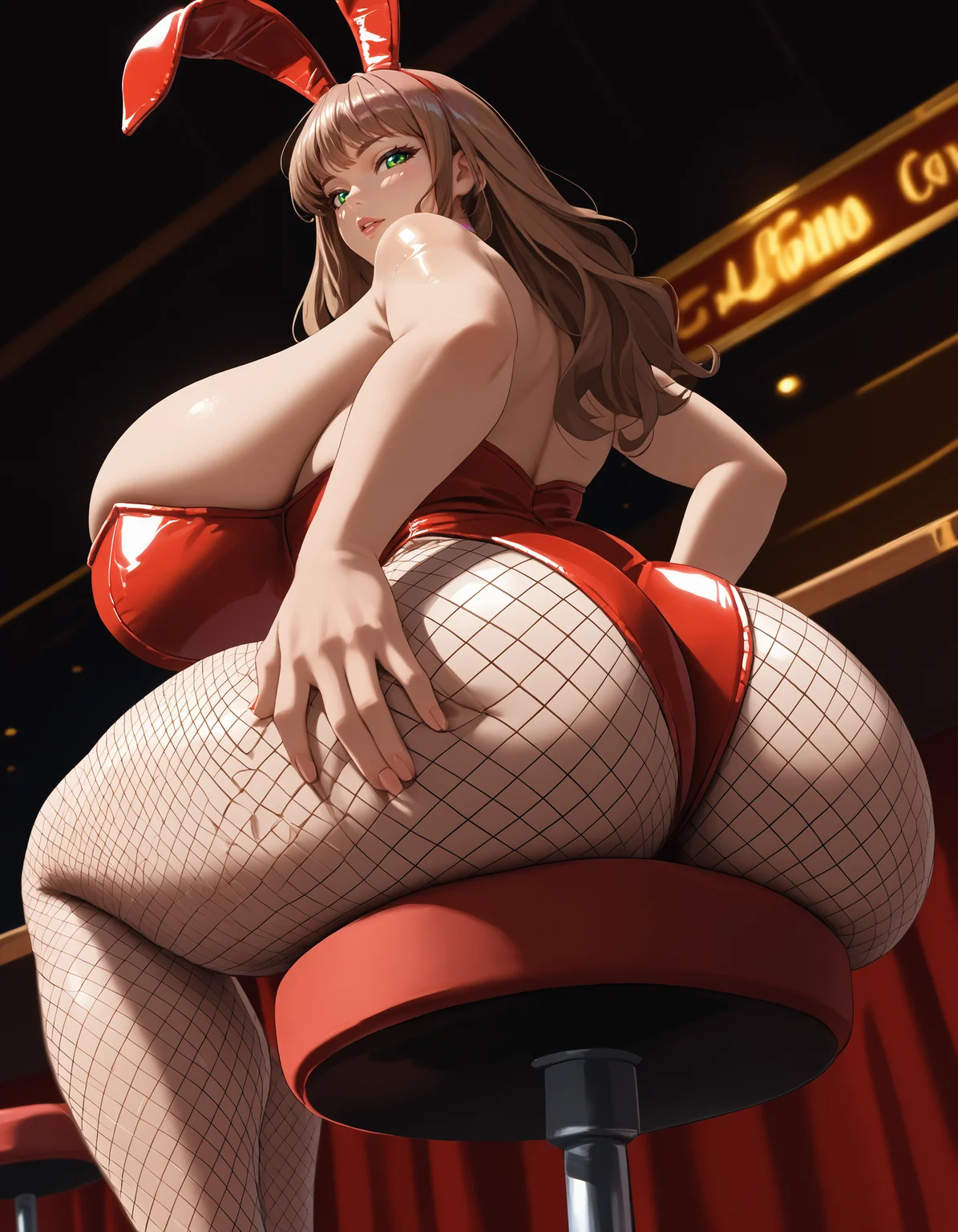 score_9, score_7_up,
yumrnd, green eyes,brown hair,long hair
1girl,gigantic breasts, wide hips,thick thighs,playboy bunny, latex leotard,fishnet pantyhose,huge ass,sitting,from behind,from below,grabbing own ass,stool,casino
<lora:minami_yume-8 outfits-koto-PonyXL 2.1:1>