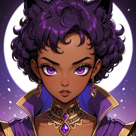 D&D style portrait, fantasy, <lora:Zahara_10:1> Zahara is a beautiful adult black woman, stylized by Glenn Fabry, digital art, Awe-Inspiring Female Khajit, Bokeh, purple details, symmetry, detailed face, dynamic action, beautiful detailed, deep rich colors, beautiful detailed supreme quality color intricate, highly detail, gorgeous