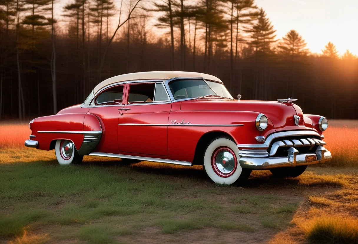 very realistic photograph of a red 1953 Pontiac car parked in a field, in sunset lighting, hardwood forest background, extremely detailed