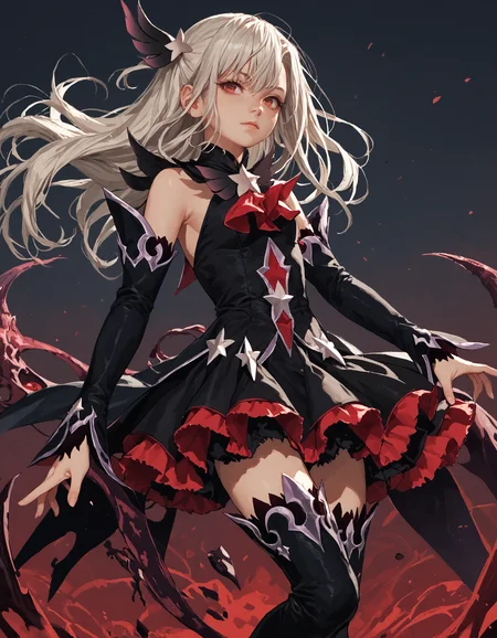 score_9, score_8_up, score_7_up,  score_6_up, score_5_up, rating_questionable,  <lora:Illya_IQ2:0.9>, <lora:kyuyong:0.7> kyuyongeom
1girl, white hair, red eyes, long hair, side ponytail, hair ornament, black dress, magical girl, corruption, detached sleeves, black thigh Boots,