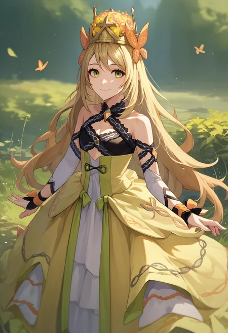 score_9, score_8_up, score_7_up, source_anime, solo, 1girl, feceline, smile, looking at viewer, butterfly hair ornament, crown, yellow dress, cross-laced dress, detached sleeves, wrist bow, bare shoulders, outdoors <lora:fireemblem_celine_ponyXL:1>