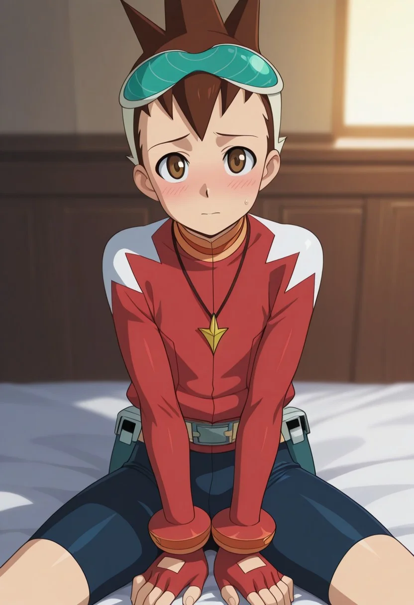 masterpiece, best quality, amazing quality, very aesthetic, high resolution, ultra-detailed, absurdres, newest, highest detailed
geo_stelar, brown hair, brown eyes, goggles on head, red jacket, necklace, 1boy, male focus, red fingerless gloves, solo, looking at viewer, jewelry, sitting, blush, belt, blue bike shorts,
BREAK, volumetric lighting, detailed background, depth of field