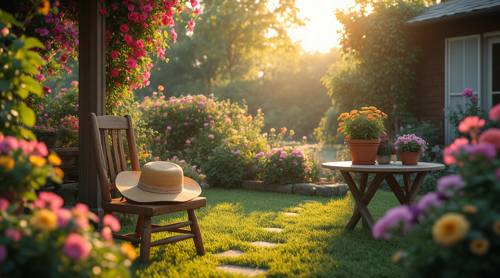 A stunning 3D render of a picturesque garden setting. A straw hat is placed gracefully on a wooden chair, while vibrant flowers bloom in pots on a nearby table. The warm tones of the scene are enhanced by the soft, golden lighting that casts gentle shadows. The ultra-HD photo-realistic image captures the high dynamic range, with sharp details and subtle textures that bring the scene to life. This composition evokes a sense of tranquility and relaxation, inviting the viewer to immerse themselves in the garden's beauty.
